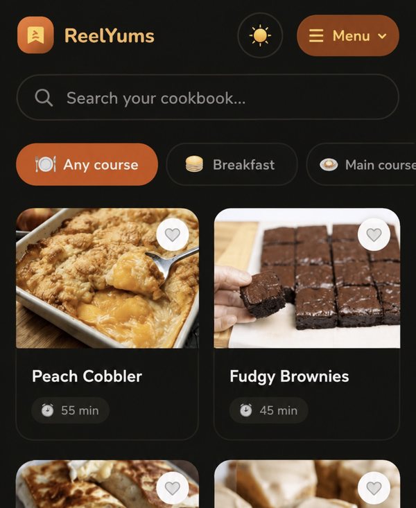 The ReelYums cookbook open on a phone: a search box and course filters above a grid of saved recipes, each card showing a photo, its name and how long it takes to cook.